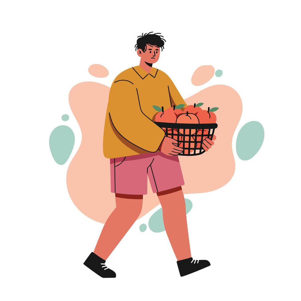 Young man carrying basket of fresh apples in casual outfit illustration vector