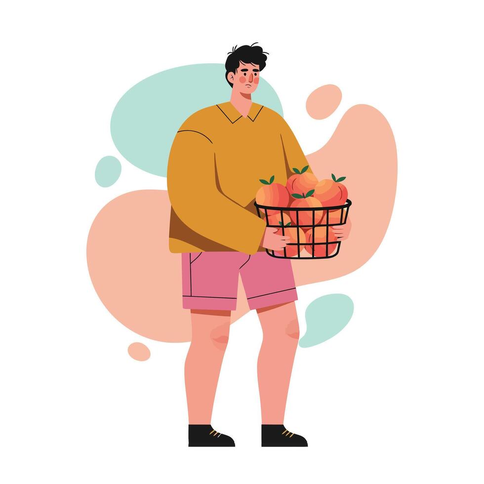 Man carrying basket of fresh apples in casual summer clothing illustration vector