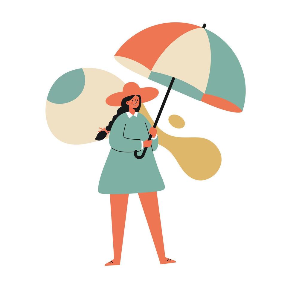 Woman holding umbrella wearing hat and coat in retro style illustration with pastel colors and abstract shapes background vector