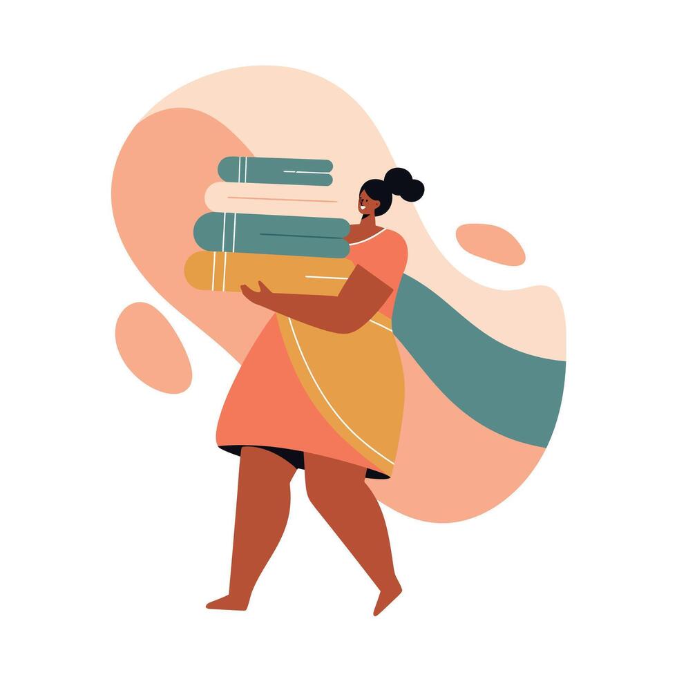 Woman carrying stack of books in colorful dress with abstract background illustration vector