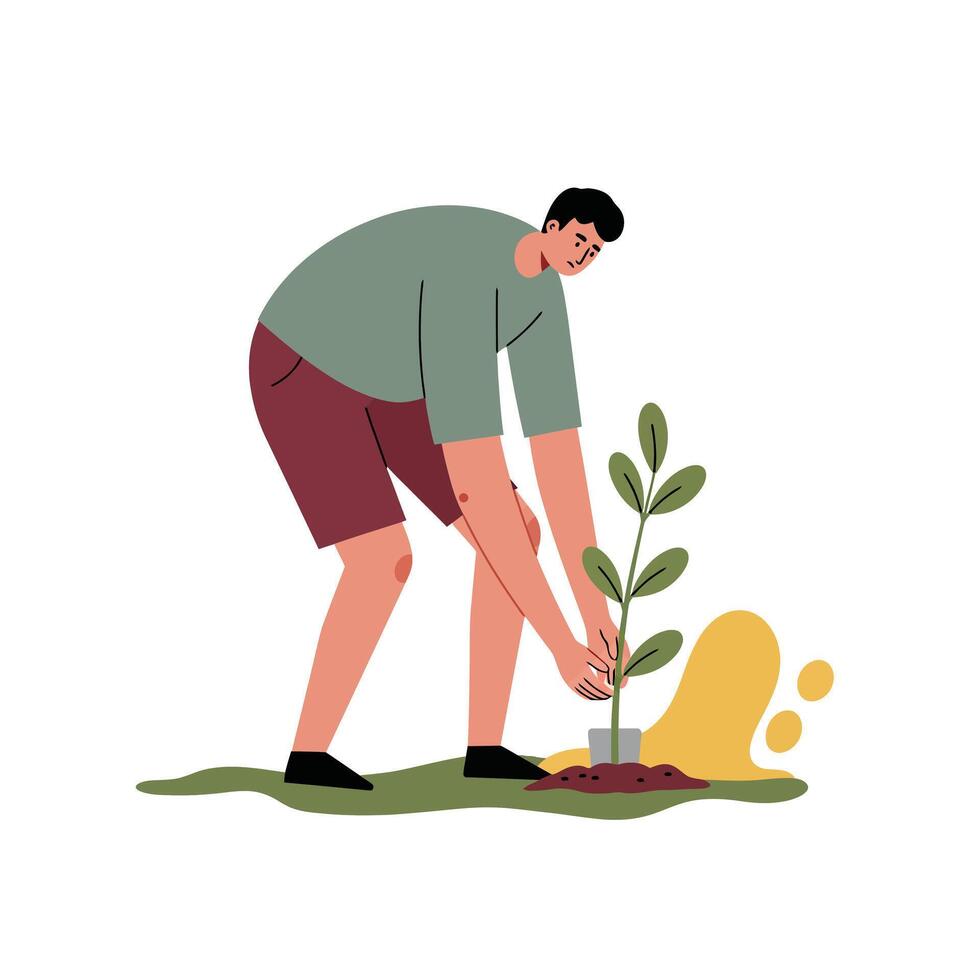 Man planting a young tree outdoors environmental care and gardening activity illustration vector