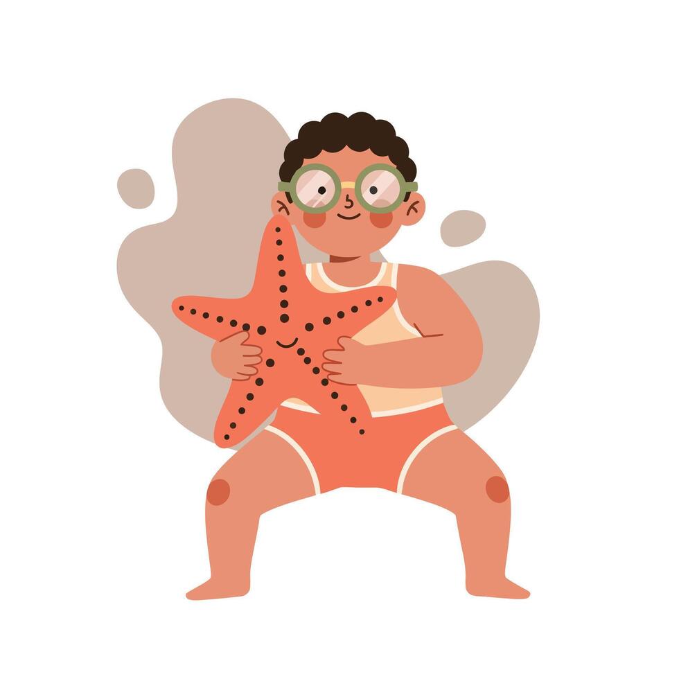 Child holding starfish in swimming goggles playful summer beach activity illustration vector