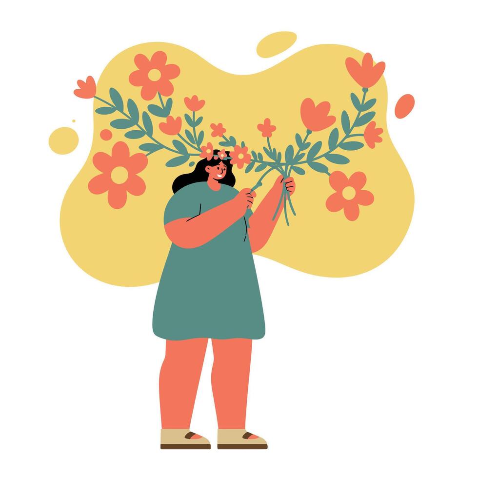Woman holding flower garland with floral decorations and yellow background illustration vector