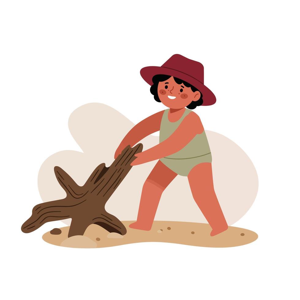 Child playing with wooden log on sandy ground wearing red hat and green outfit illustration vector