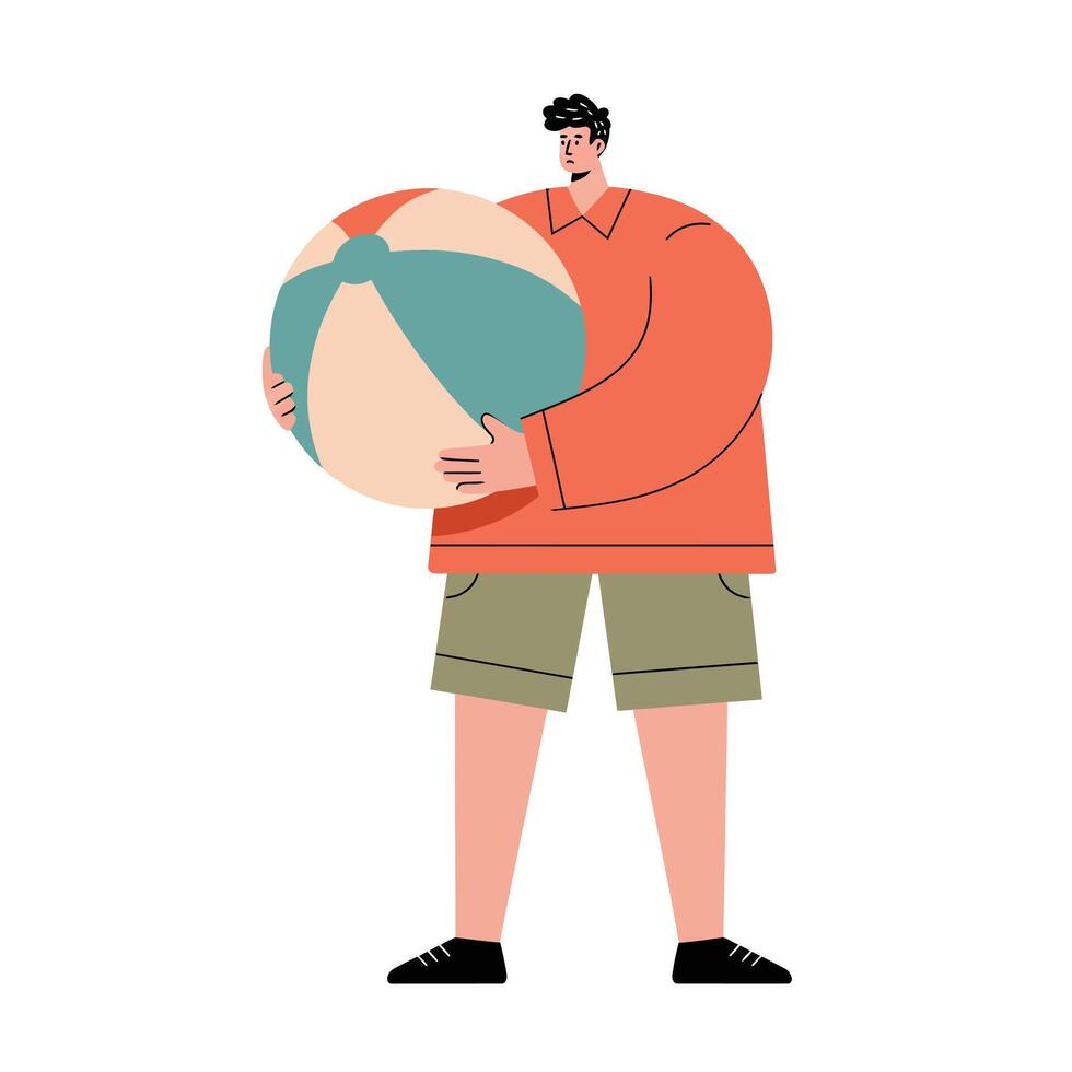 Young man holding large colorful beach ball wearing casual summer clothes illustration vector