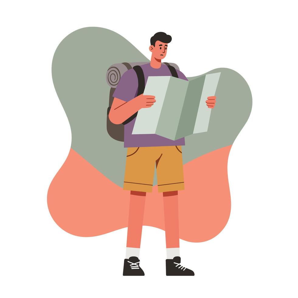 Young man backpacker traveling and reading map exploring new places illustration vector