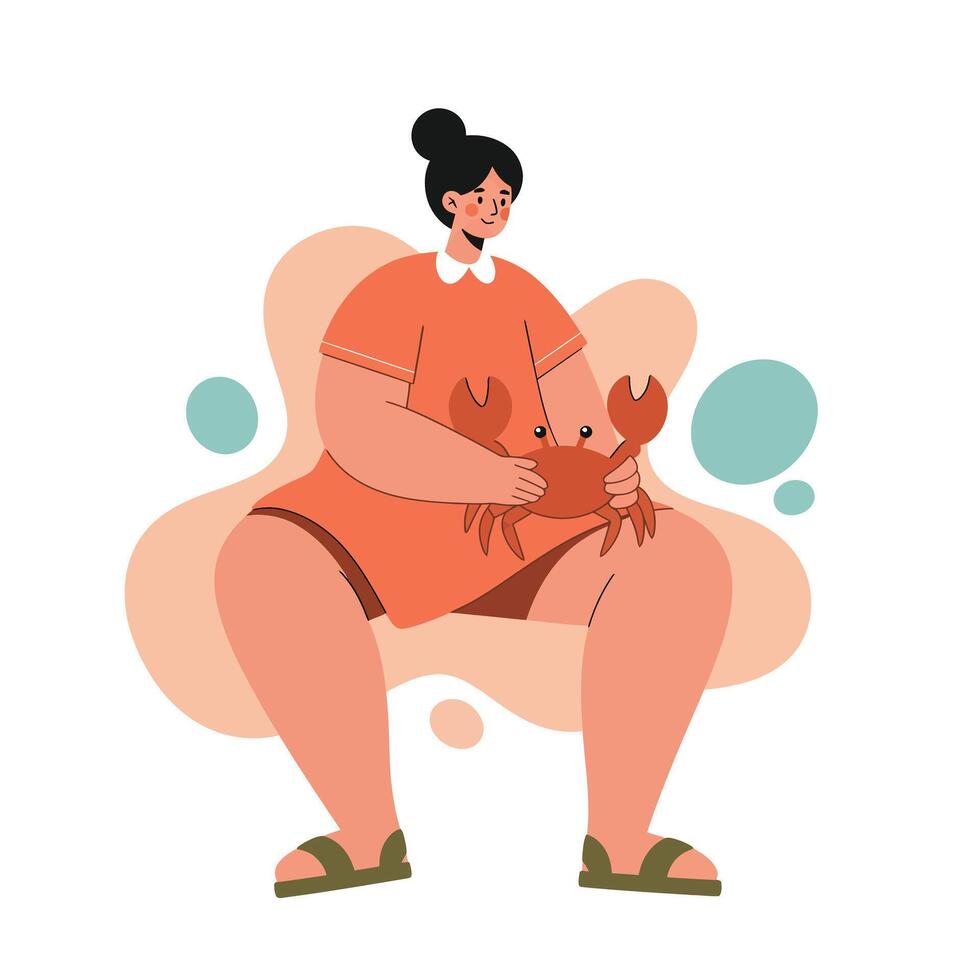 Woman holding crab in orange dress illustration with abstract background and casual style vector