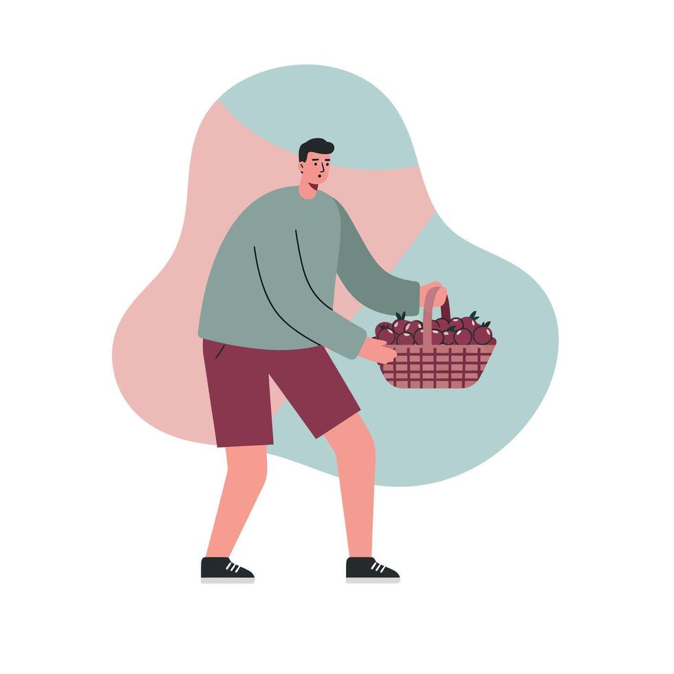 Man carrying basket with fruits in casual outfit holding produce in style illustration vector