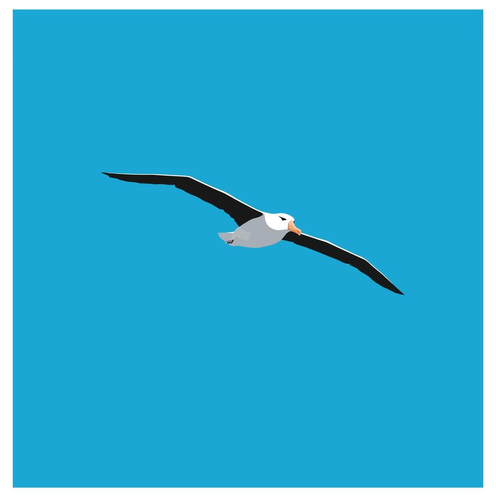 Seagull flying over bright blue sky with outstretched wings in minimalist illustration vector