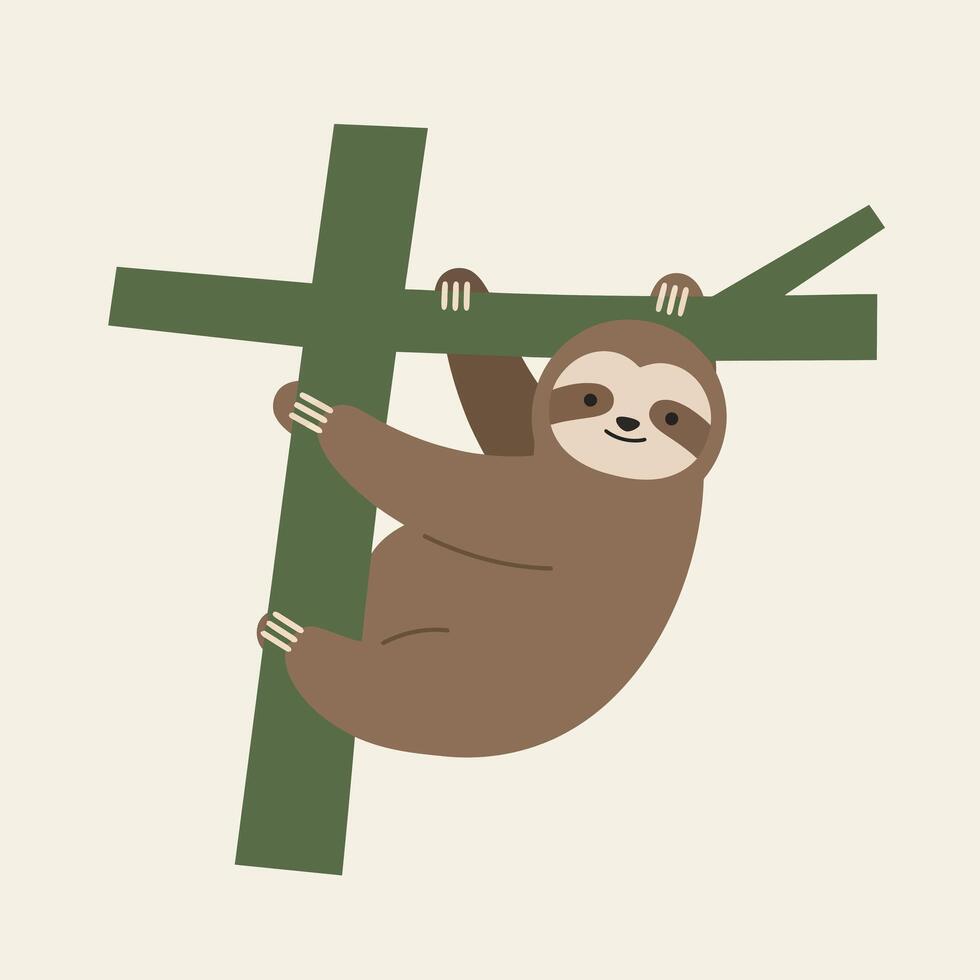 Sloth hanging from green tree branch cute animal illustration in simple style vector