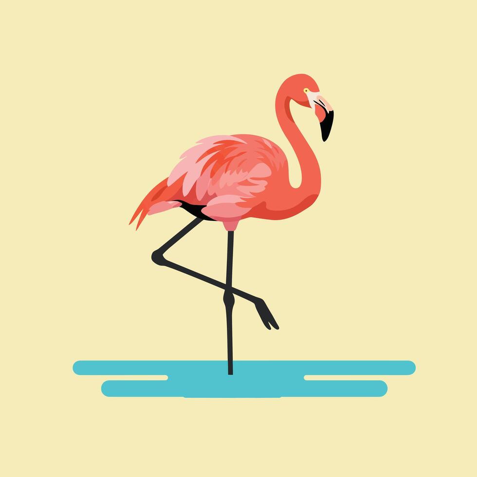 Flamingo standing on one leg in shallow water with beige background natural wildlife illustration vector