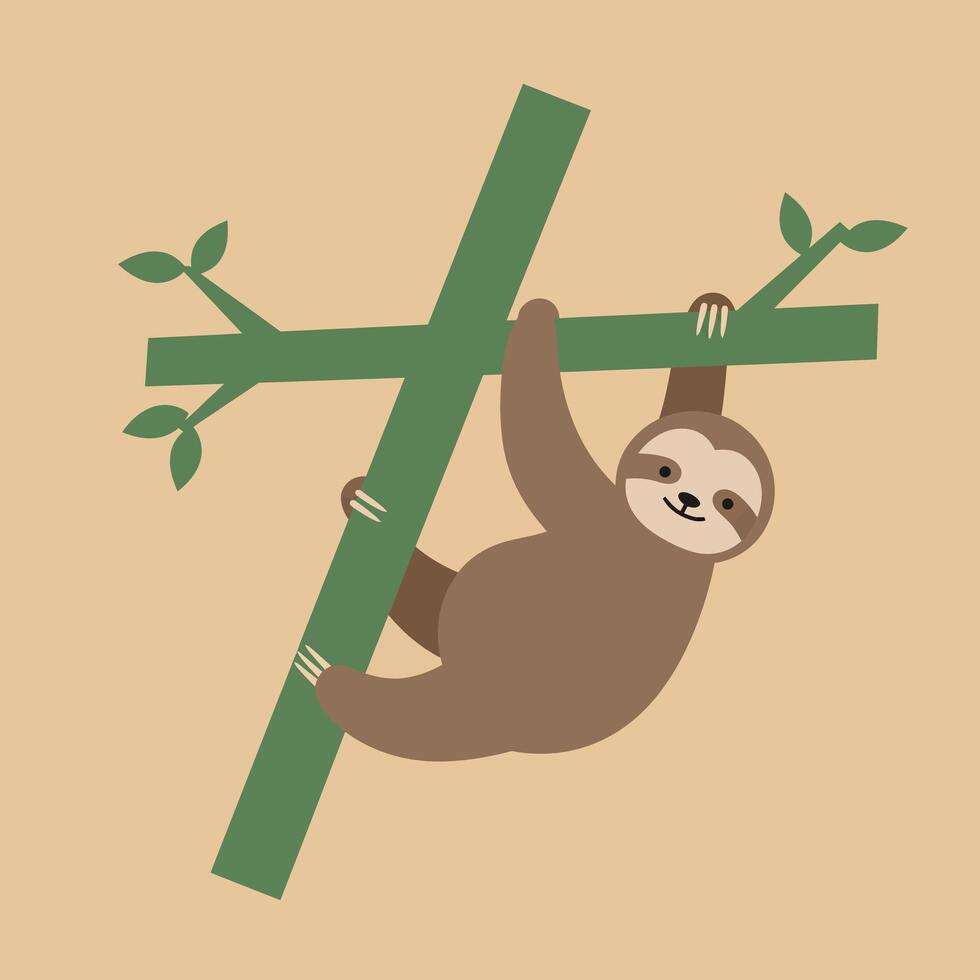 Sloth hanging on green tree branch cute animal illustration with beige background vector