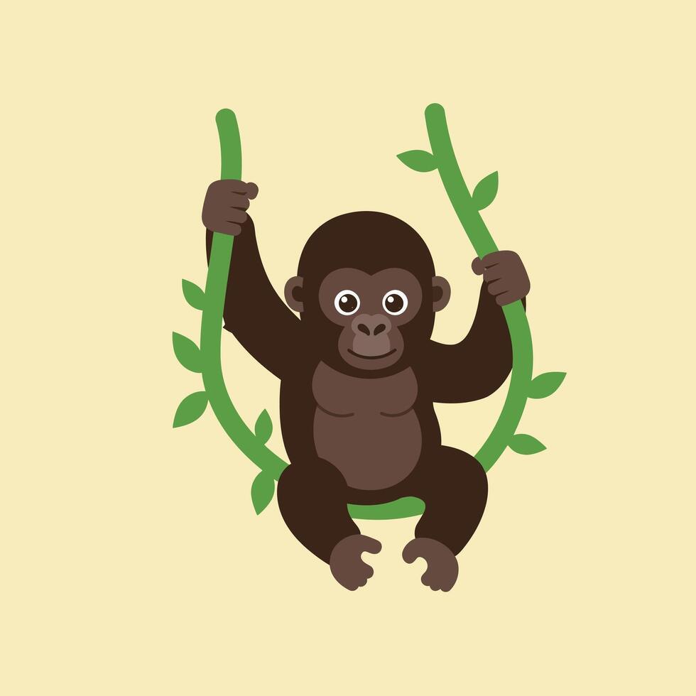 Baby gorilla swinging on green vine branches in playful jungle scene illustration vector