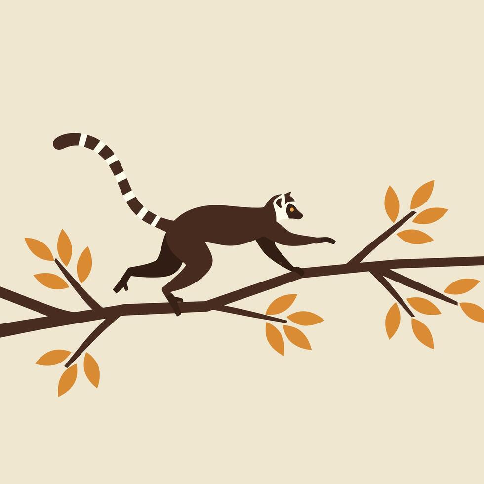 Lemur walking on brown tree branch with orange leaves in simple illustration style vector