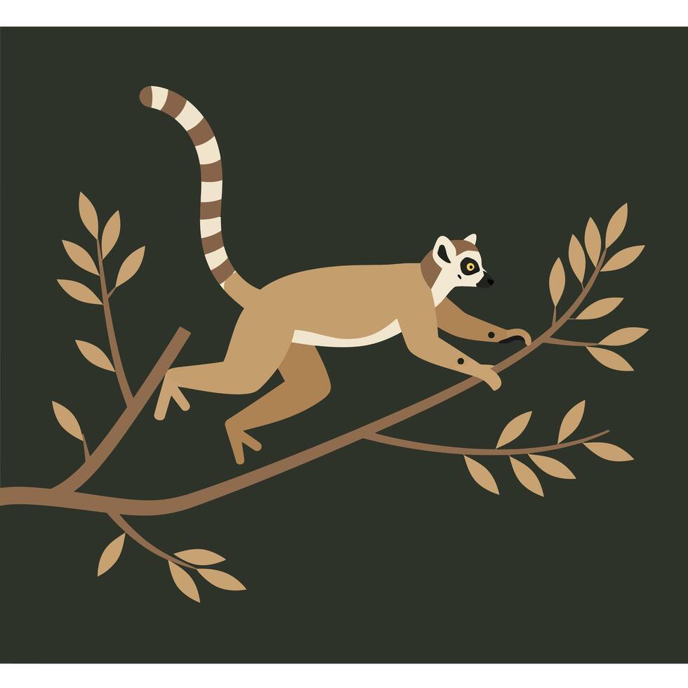 Ring-tailed lemur climbing tree branch with beige leaves on dark background illustration vector