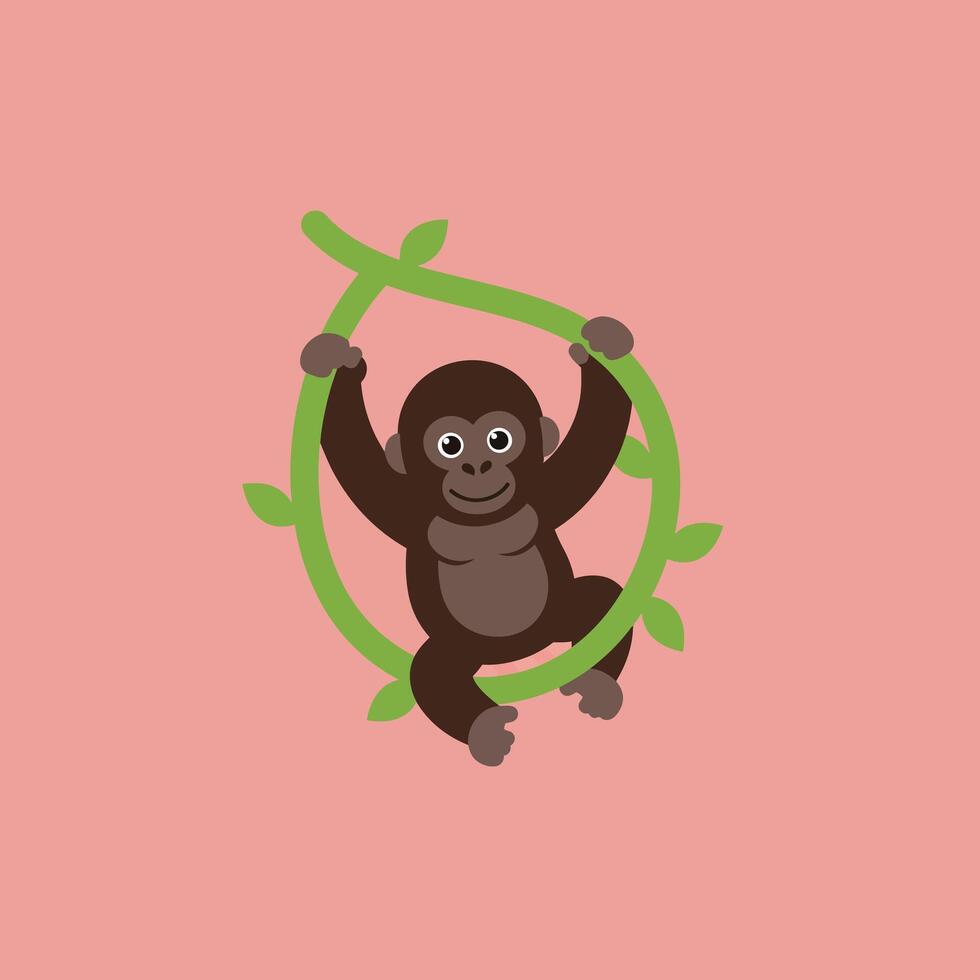 Baby gorilla hanging on green vine illustration with pink background image vector