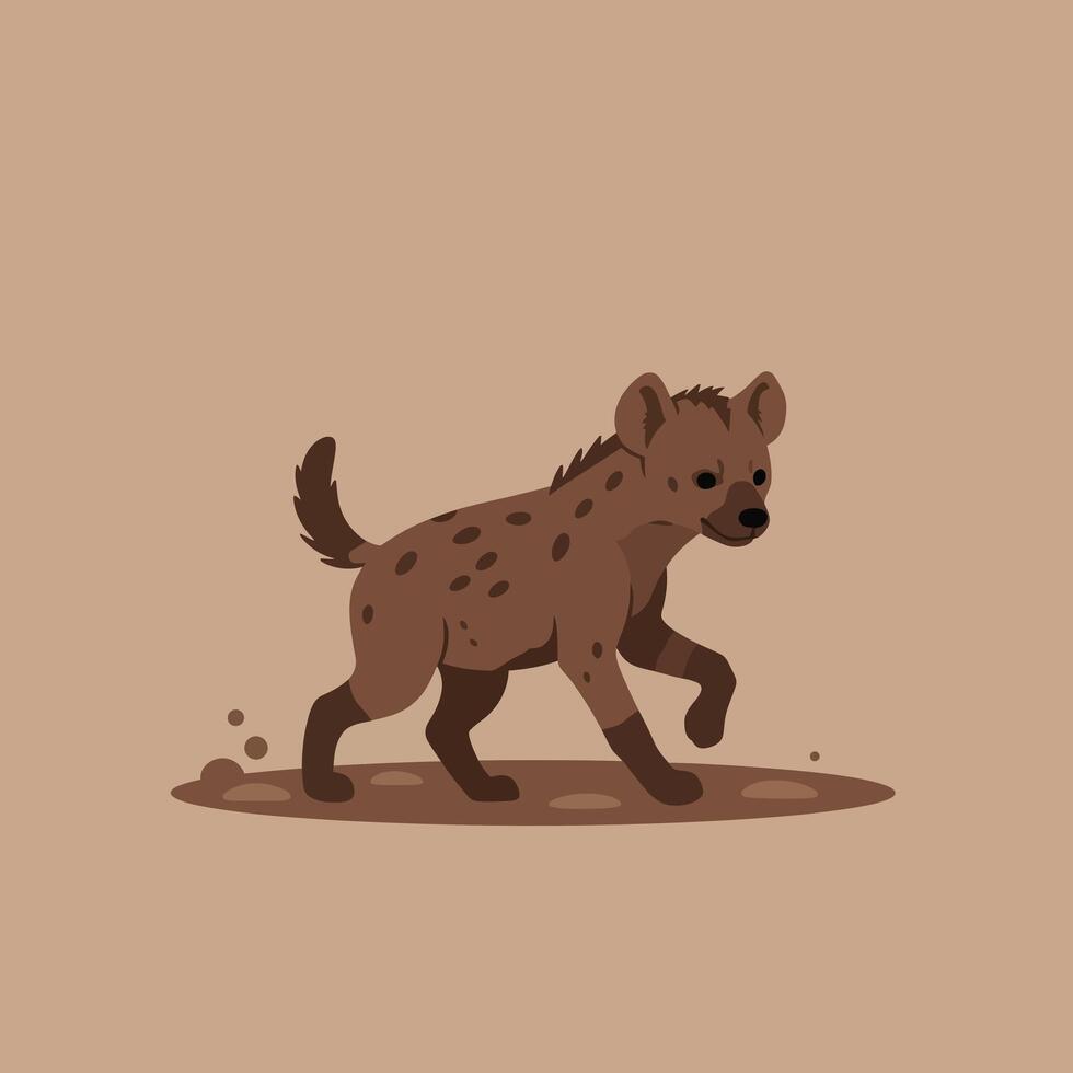 Spotted brown hyena walking on beige background illustration in simple style vector