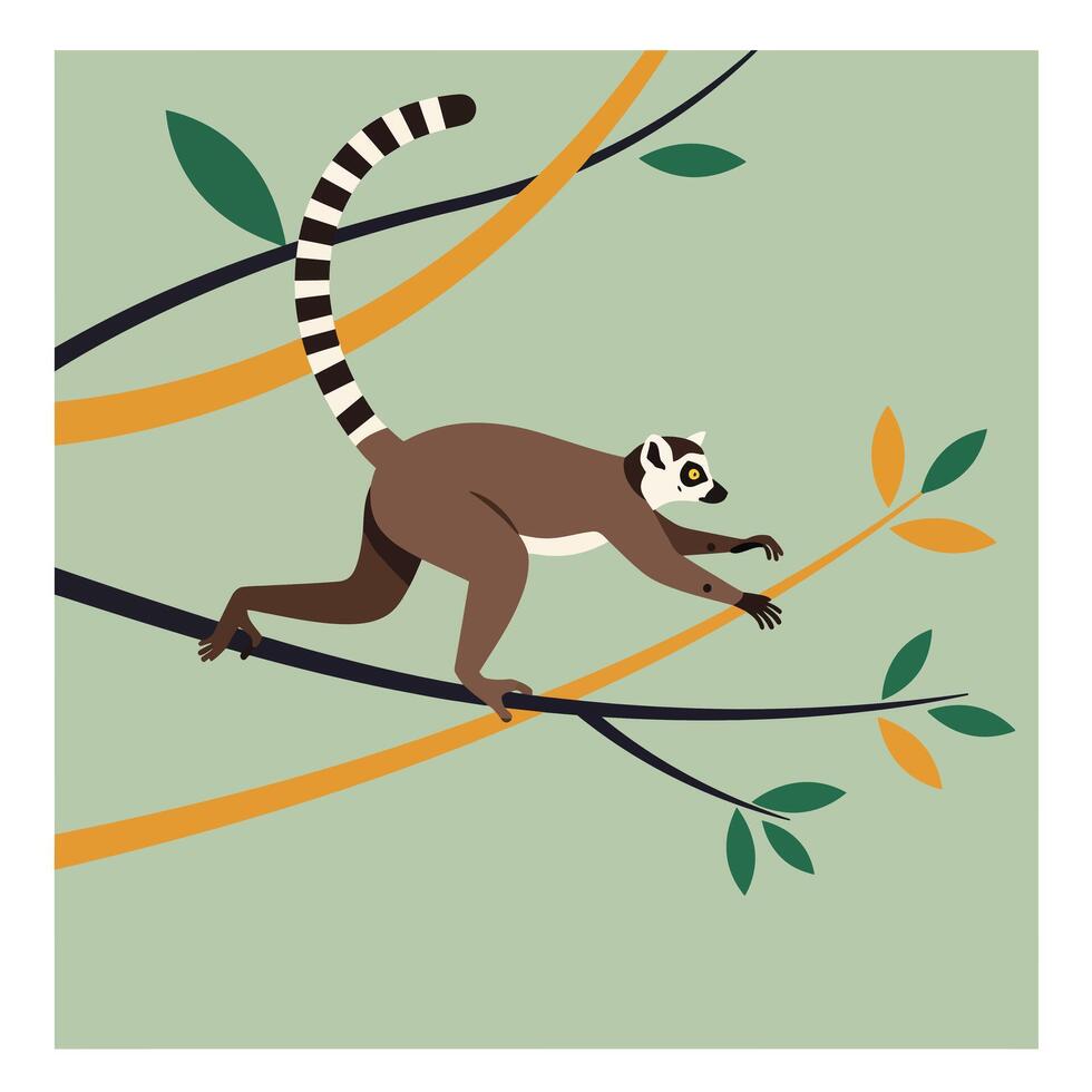 Ring tailed lemur climbing tree branches with green and orange leaves in nature wildlife scene illustration vector