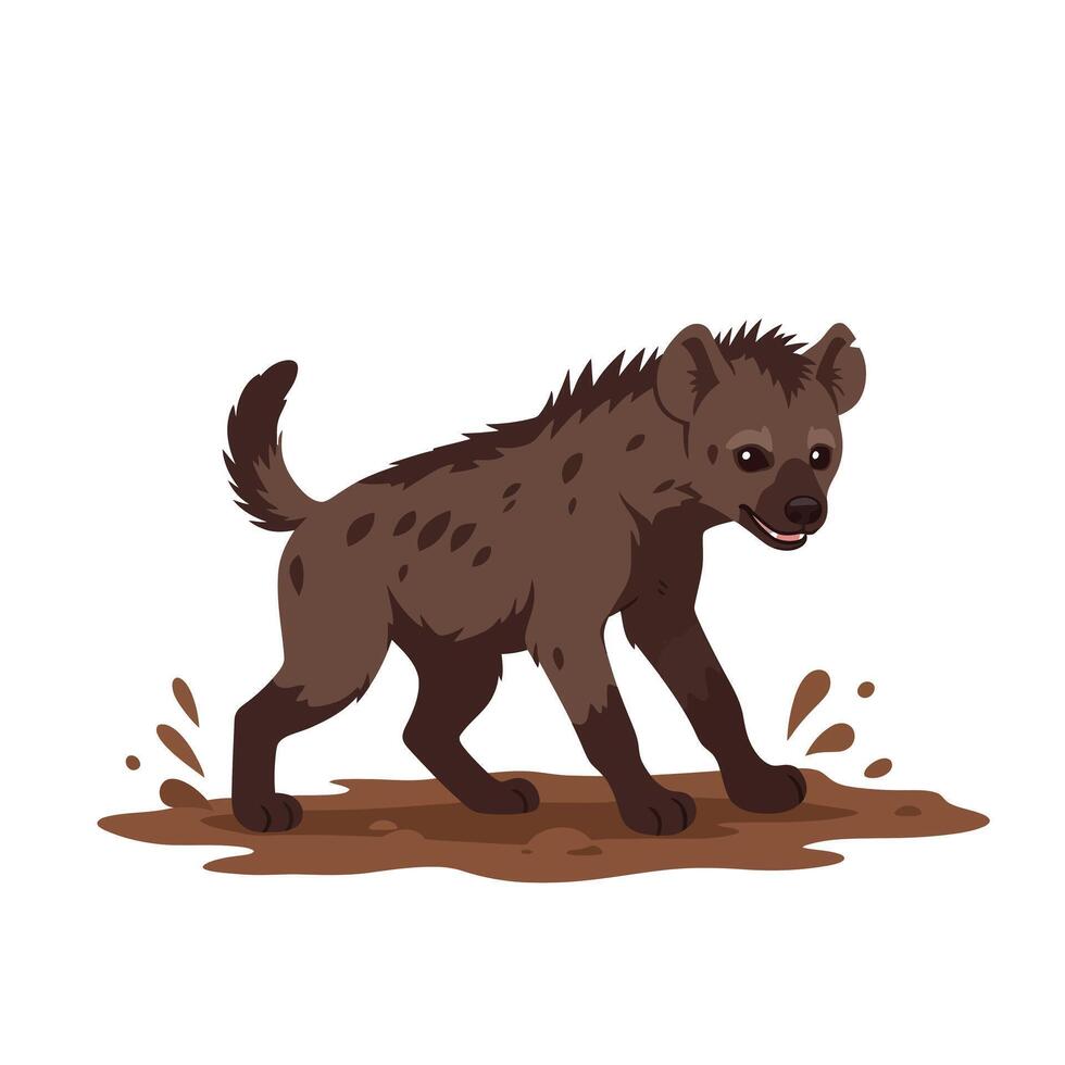 Hyena walking through mud with distinct brown fur and playful expression illustration vector