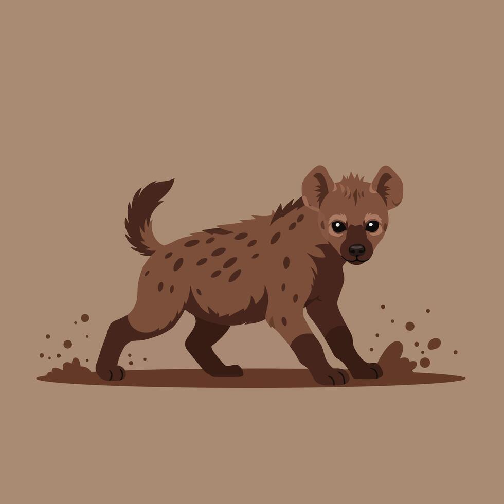 Young hyena walking in dirt with playful expression brown and tan fur wild animal illustration vector