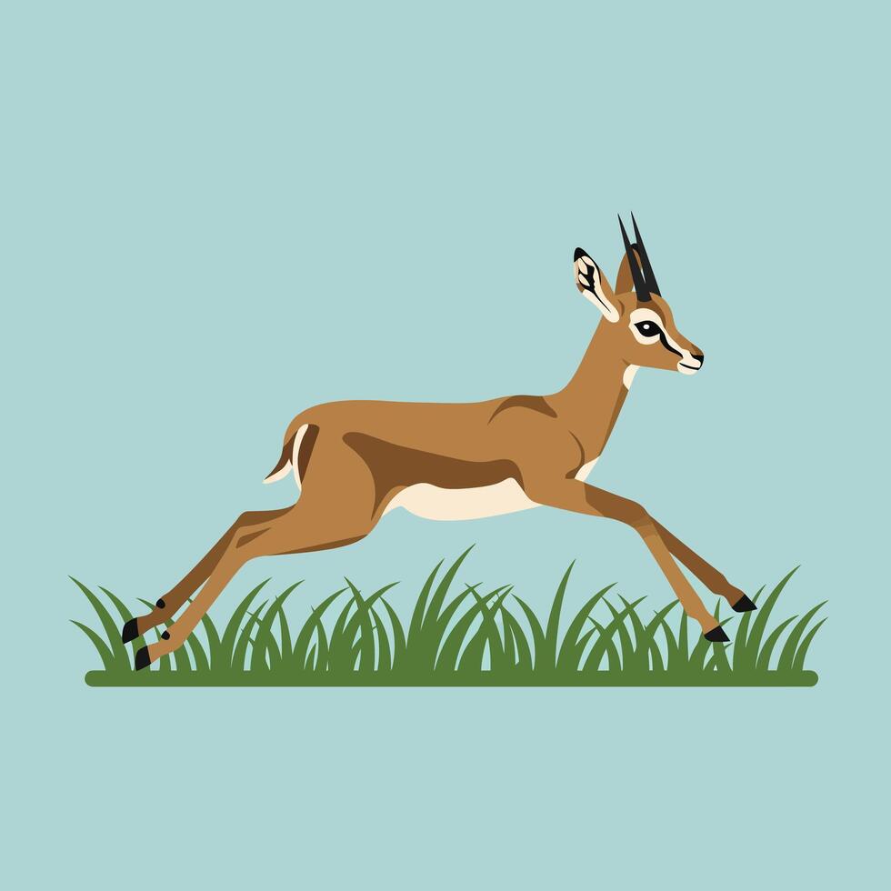 Antelope running in grassy field with blue background illustration natural wildlife scene vector
