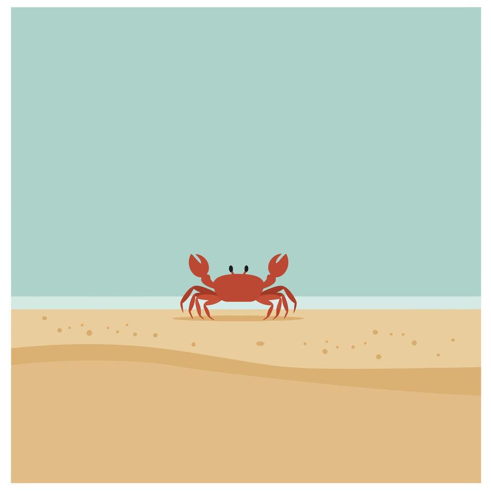 Crab on sandy beach with blue sky background illustration in minimal style vector