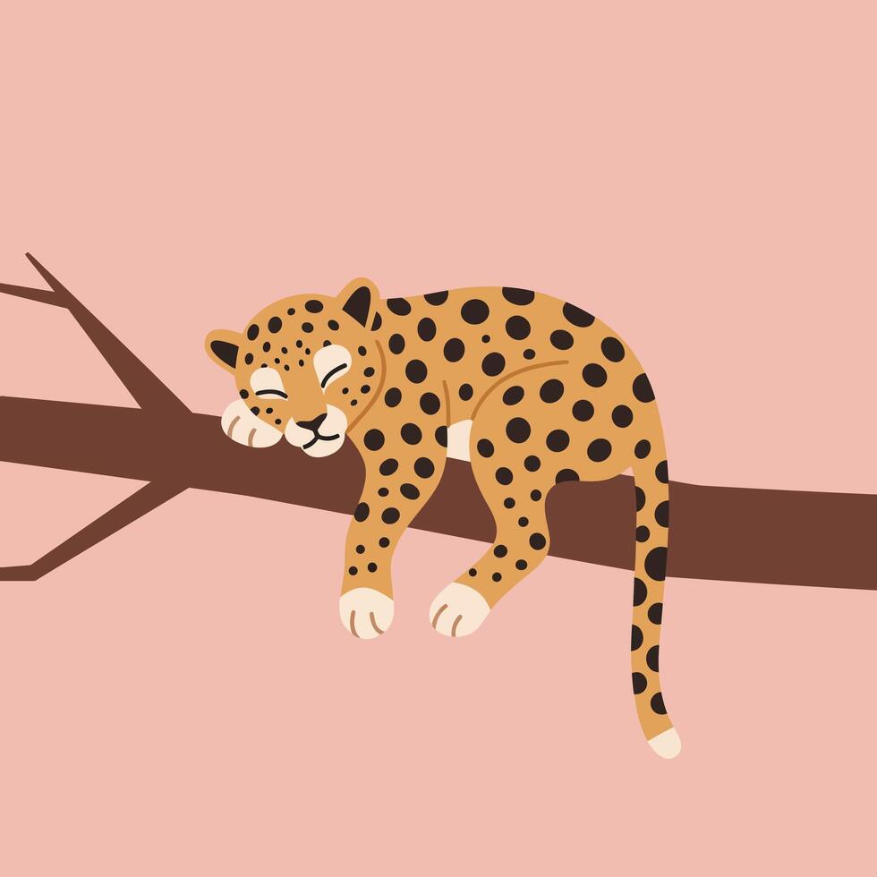 Sleeping leopard resting on tree branch with soft pink background in simple illustration vector