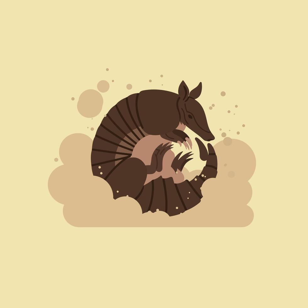 Armadillo curled up in defensive pose with brown tones and beige background illustration vector