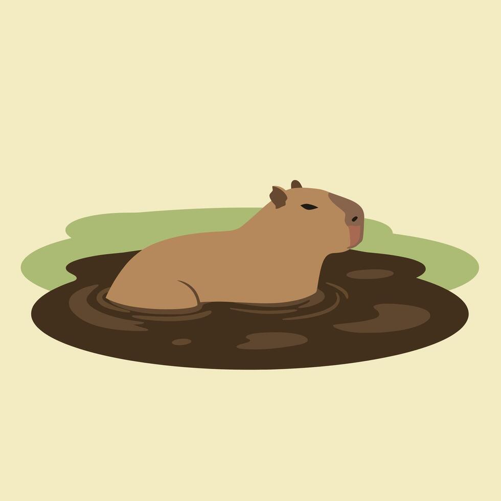 Capybara resting in brown muddy water with green background illustration calm nature animal vector