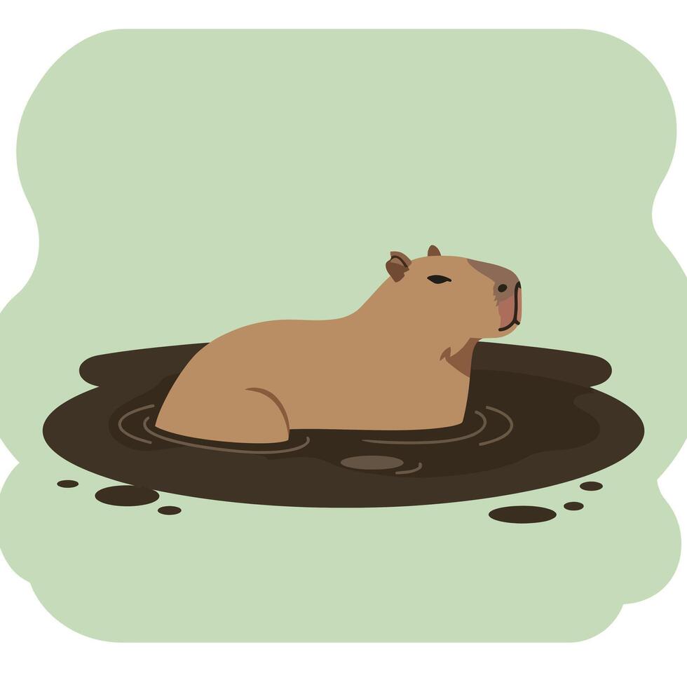 Capybara relaxing in muddy water illustration with natural green background and calm expression vector