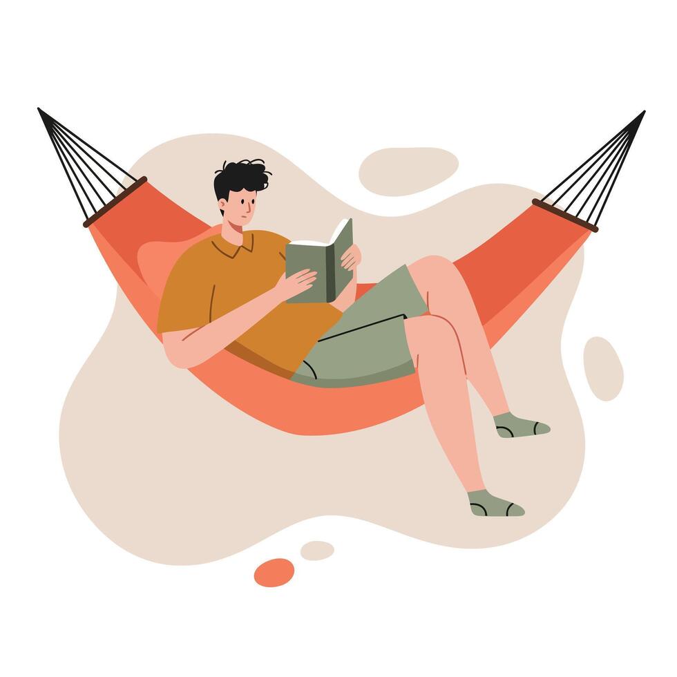 Man Relaxing in Orange Hammock Reading Book Leisure Activity Illustration vector