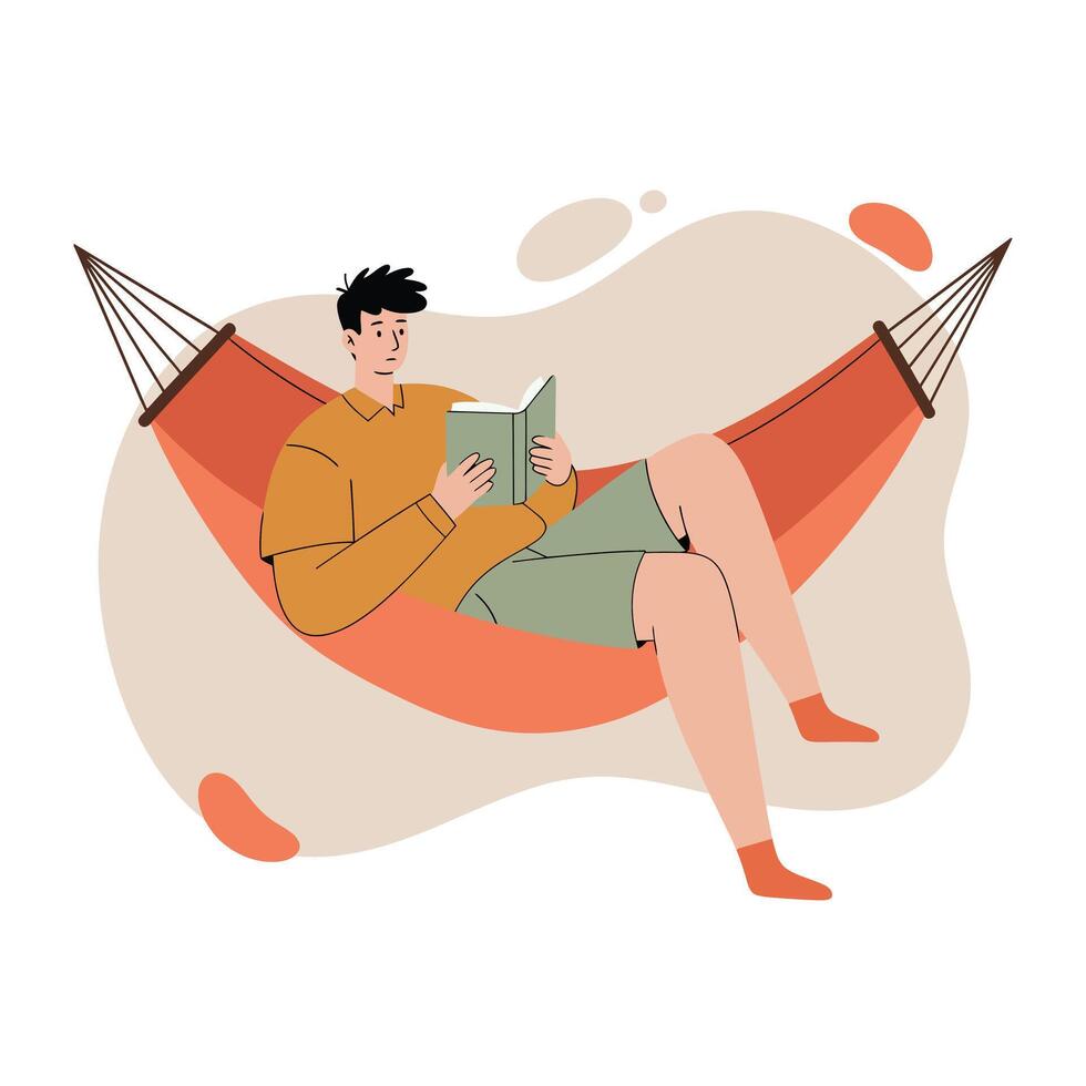 Man Reading Book Relaxing in Orange Hammock Leisure Activity at Home Illustration vector