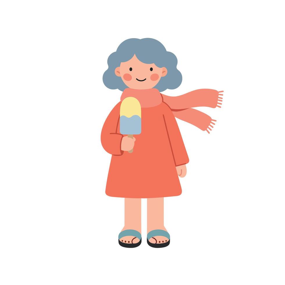 Girl in orange coat holding ice cream with scarf and sandals illustration in simple style vector