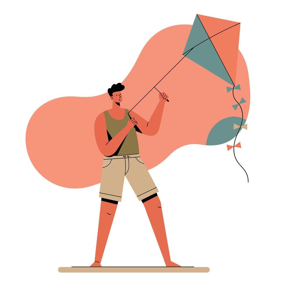 Man flying kite in casual clothes outdoor leisure activity with modern flat design illustration vector