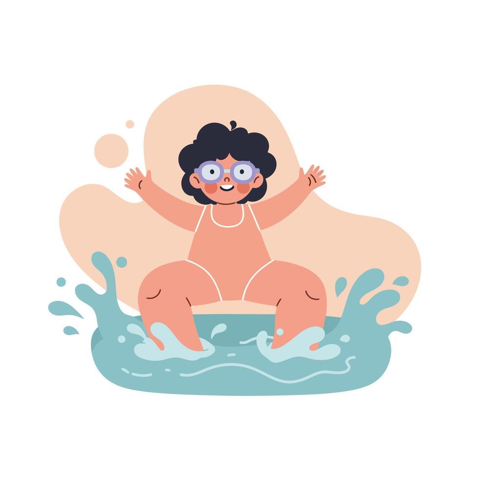 Child playing happily in water splash wearing pink swimsuit and goggles summer fun activity illustration vector