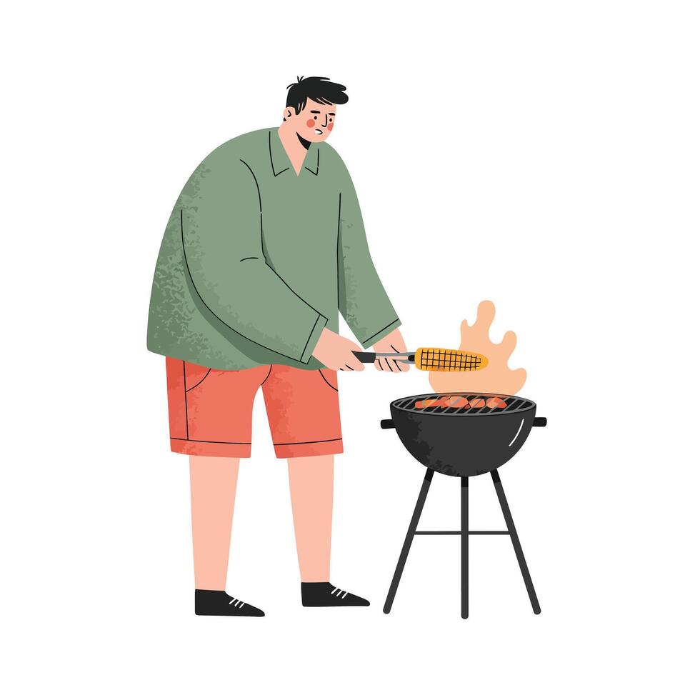 Man grilling barbecue outdoors using corn on the cob and sausages in casual summer outfit illustration vector