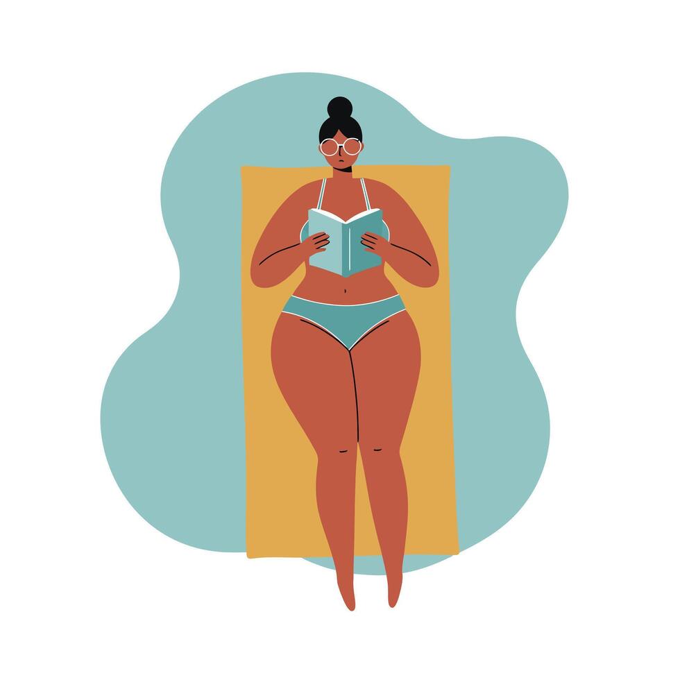 Woman reading book in bikini on towel illustration with blue and brown colors summer leisure scene vector