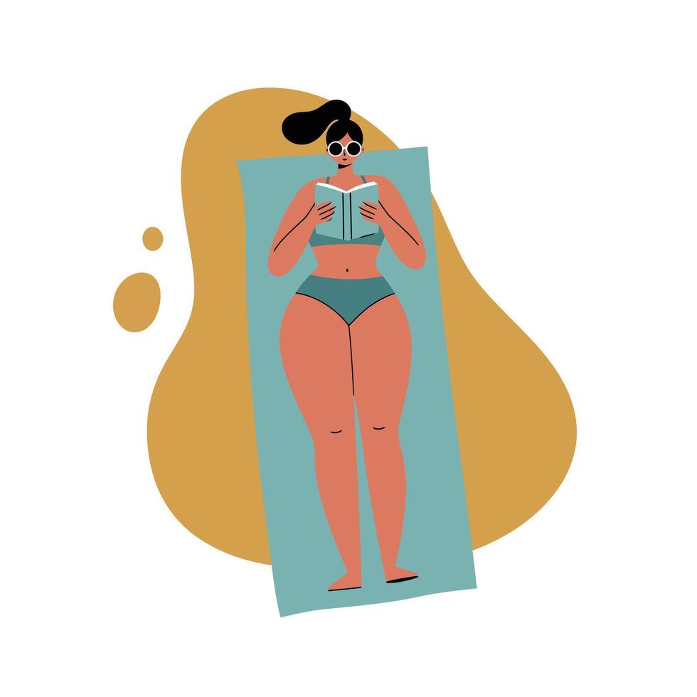 Woman reading book while sunbathing on towel with sunglasses and swimsuit illustration vector