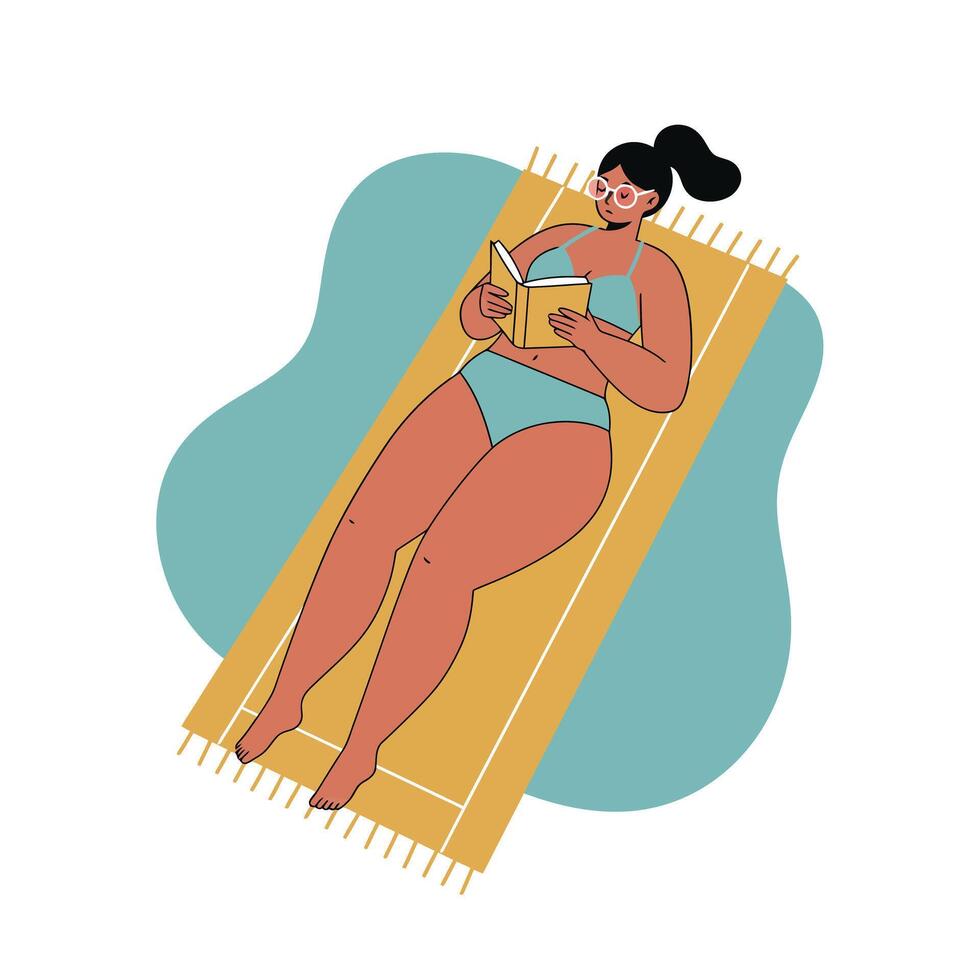 Woman reading book while lying on yellow beach towel with blue background illustration vector