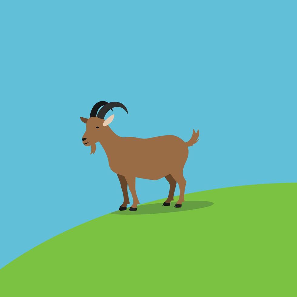 Goat standing on green hill under clear blue sky illustration with simple flat design style vector