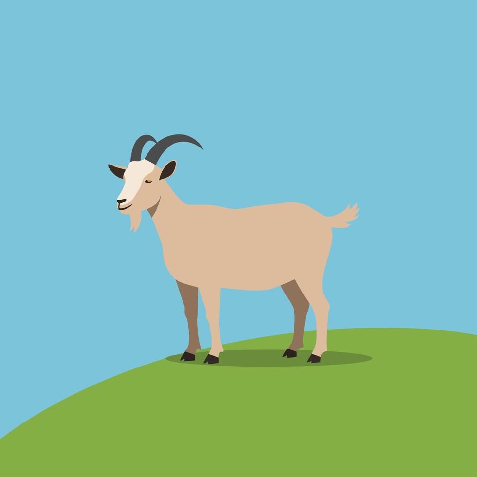 Goat standing on green hill under clear blue sky illustration in landscape orientation vector