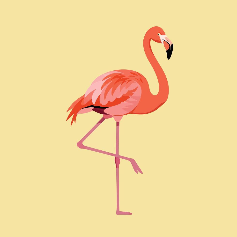 Flamingo standing on one leg in minimalistic flat design with pastel yellow background illustration vector