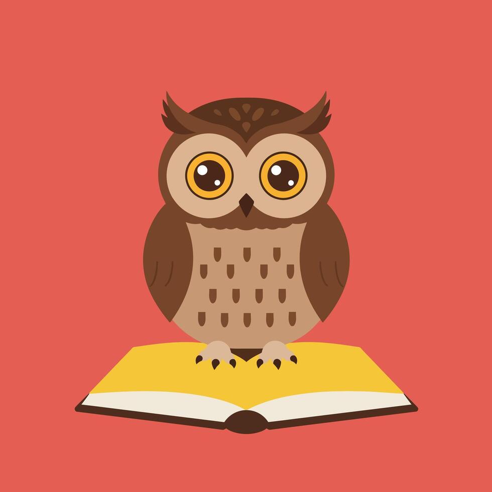 Owl sitting on open book knowledge wisdom education illustration in brown and yellow colors vector