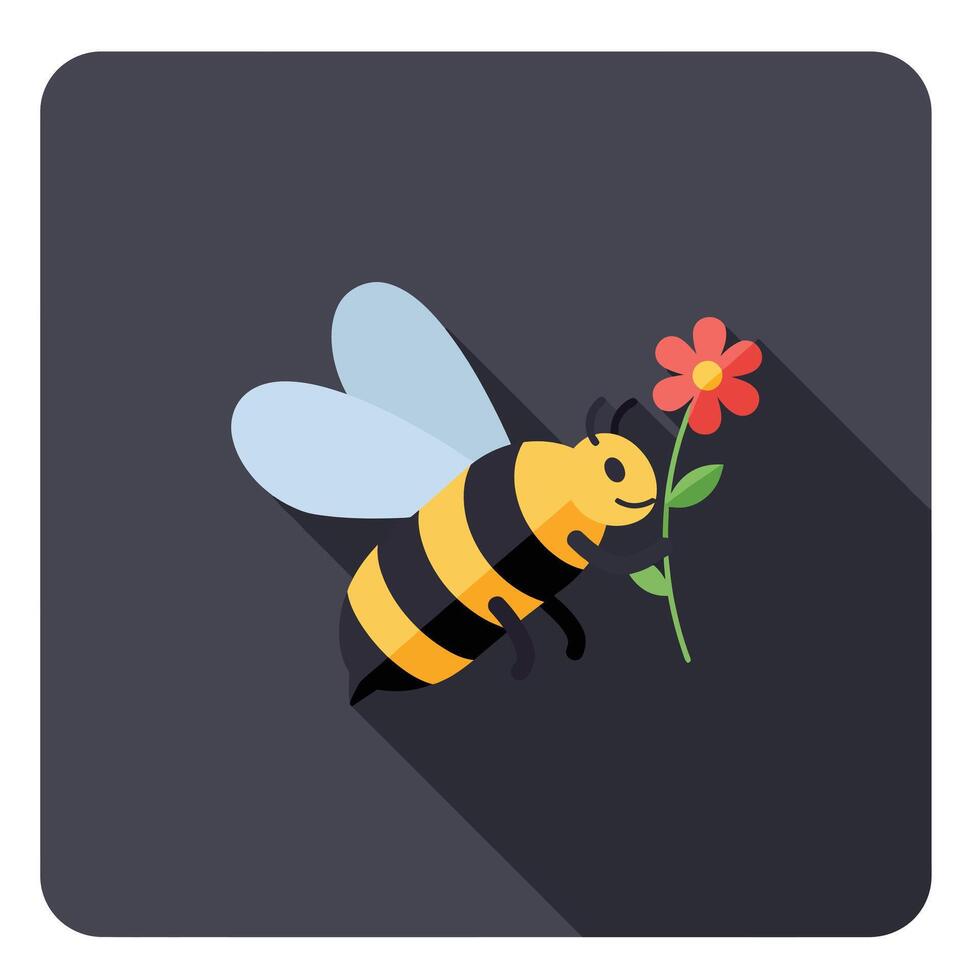 Bee collecting nectar from red flower on dark background flat design illustration with shadow effect vector
