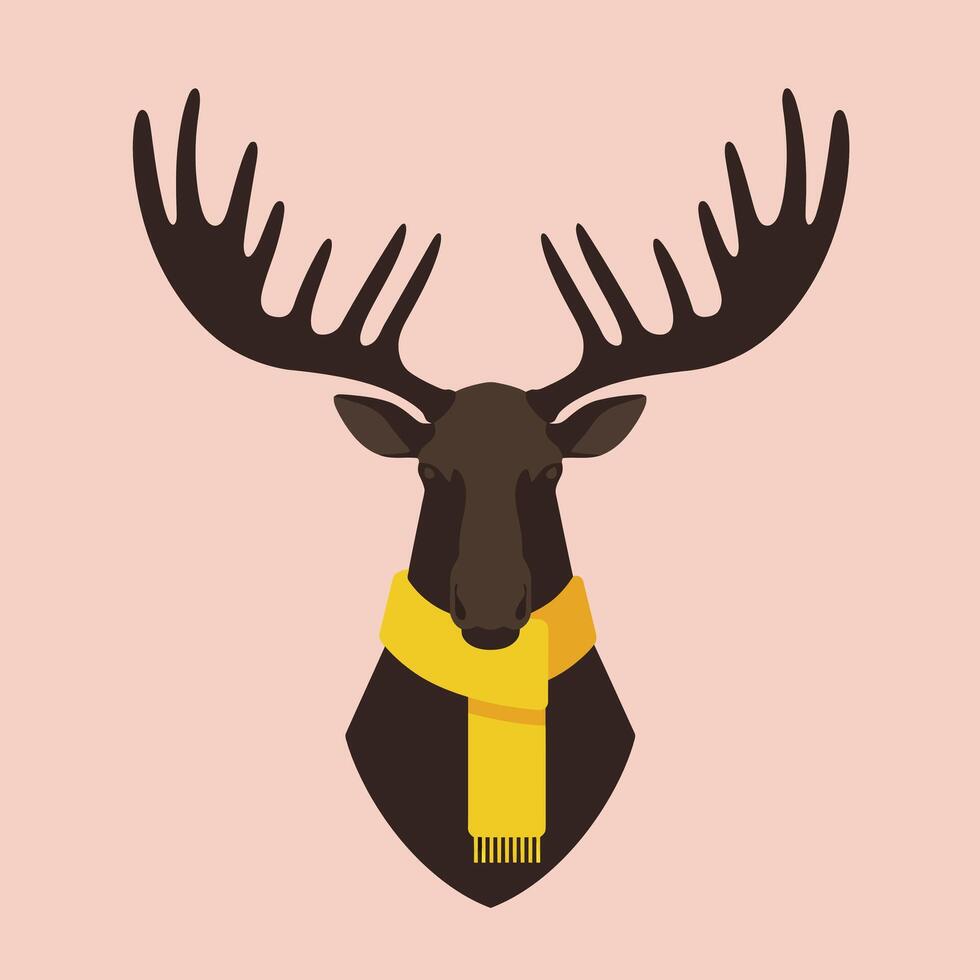 Moose head with large antlers wearing yellow scarf illustration on light pink background vector