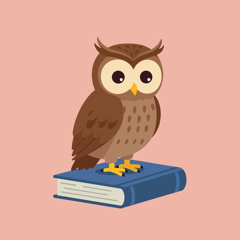 Owl perched on blue book illustration with brown feathers and yellow claws on pink background vector