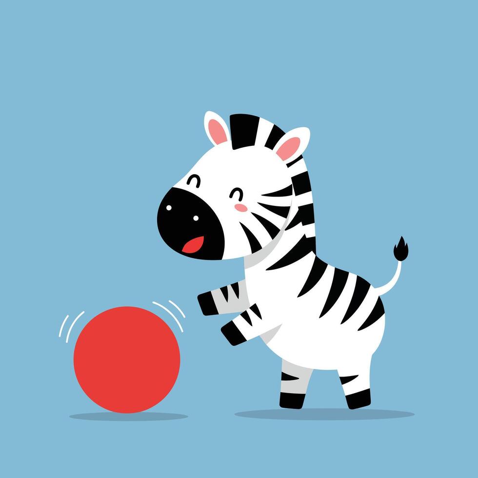 Cute baby zebra playing with red ball on blue background in square format illustration vector