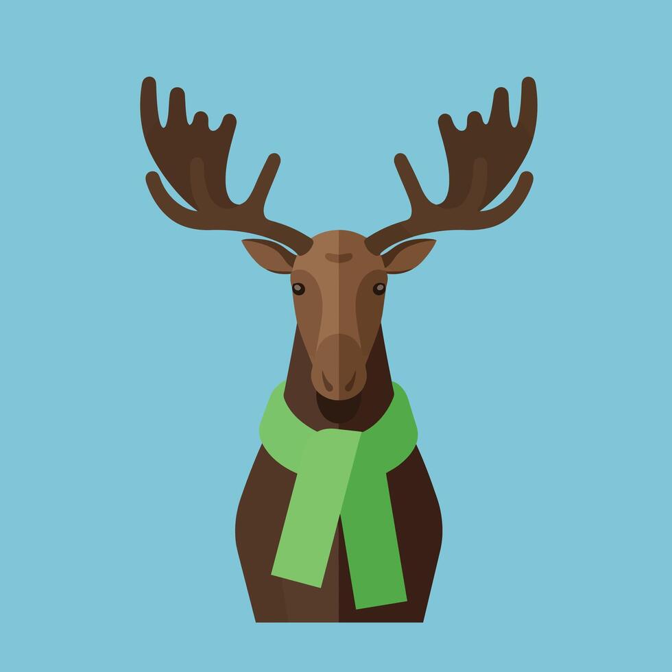 Moose with green scarf flat design illustration on blue background for winter and cold season themes vector