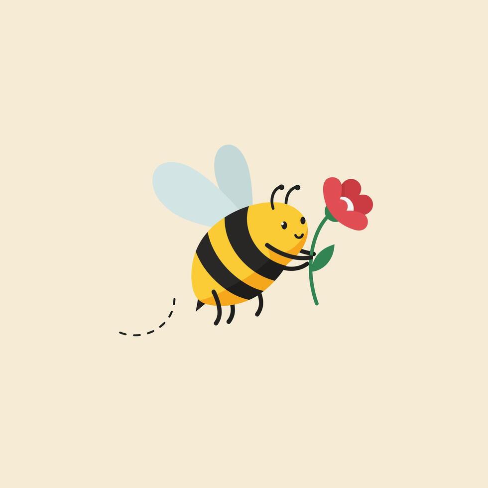 Cute bee holding red flower flying illustration with light blue wings on beige background vector