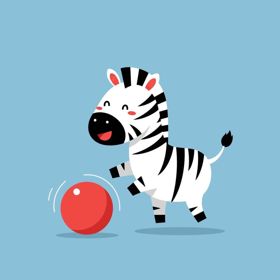 Cute playful zebra cartoon character with red ball on blue background illustration vector